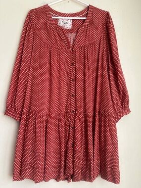 HOLDING HORSES Rust Red Printed Button-Front Long-Sleeve Dress